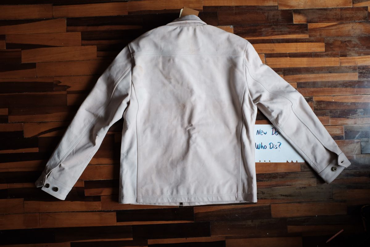 Photo by denimwatchesboots on October 1, 2025 of the Master Supply Co Field Jacket in Veg-Tanned Natural Cowhide.
