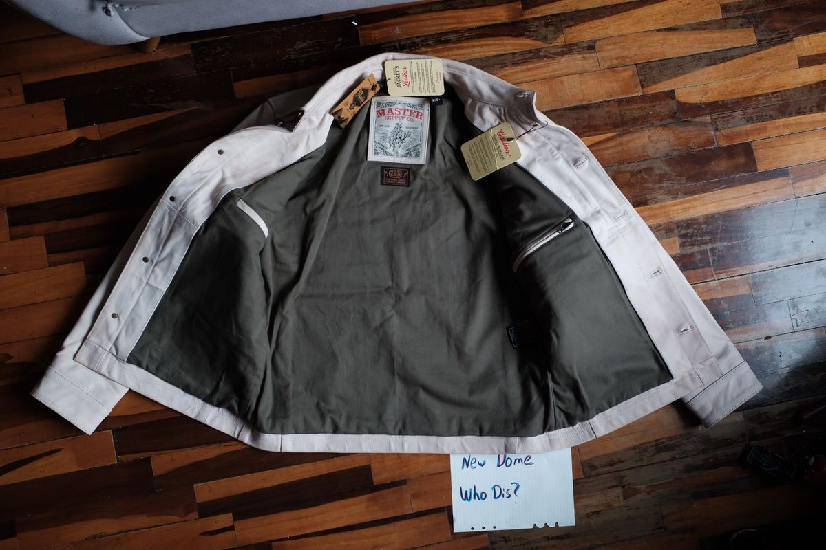Photo by denimwatchesboots on October 1, 2025 of the Master Supply Co Field Jacket in Veg-Tanned Natural Cowhide.