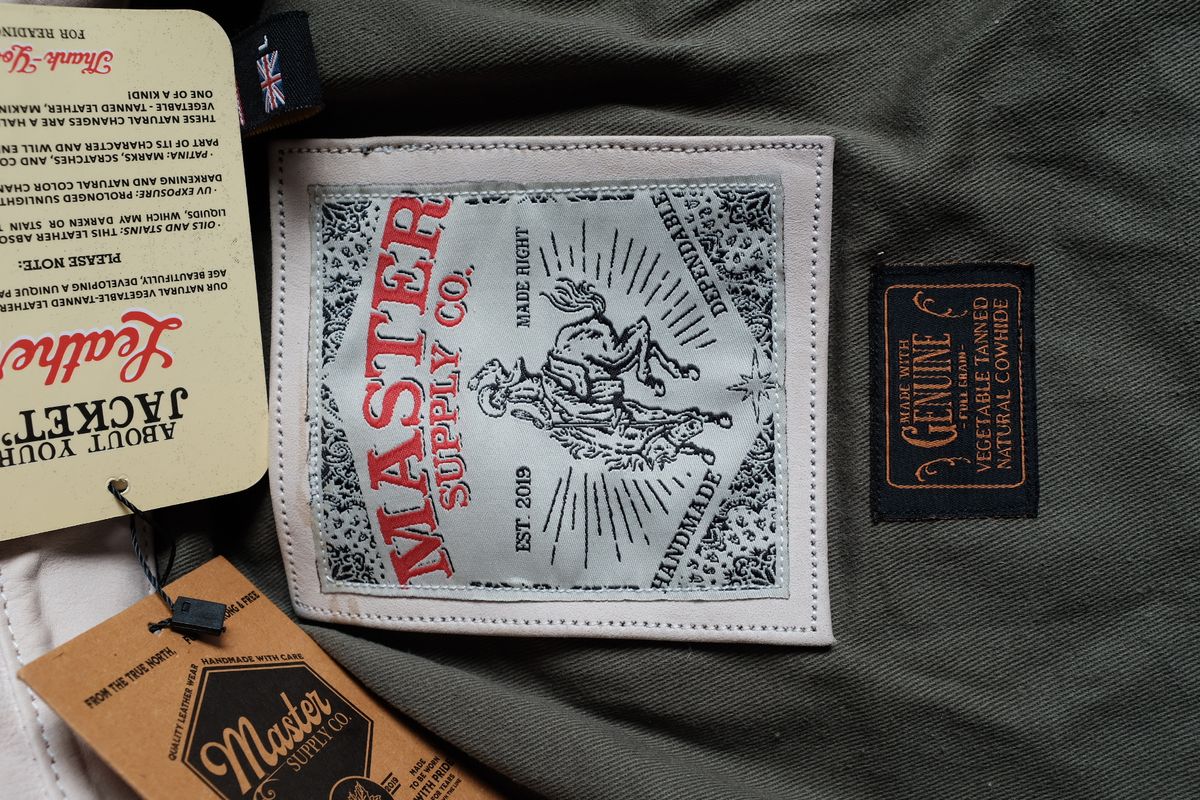 Photo by denimwatchesboots on October 1, 2025 of the Master Supply Co Field Jacket in Veg-Tanned Natural Cowhide.