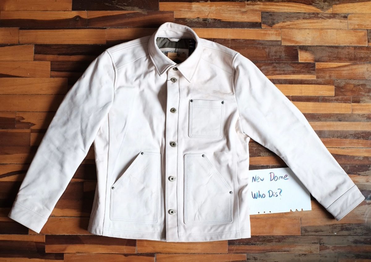Photo by denimwatchesboots on October 1, 2025 of the Master Supply Co Field Jacket in Veg-Tanned Natural Cowhide.