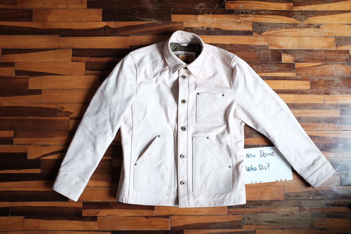 Photo by denimwatchesboots on October 1, 2025 of the Master Supply Co Field Jacket in Veg-Tanned Natural Cowhide.