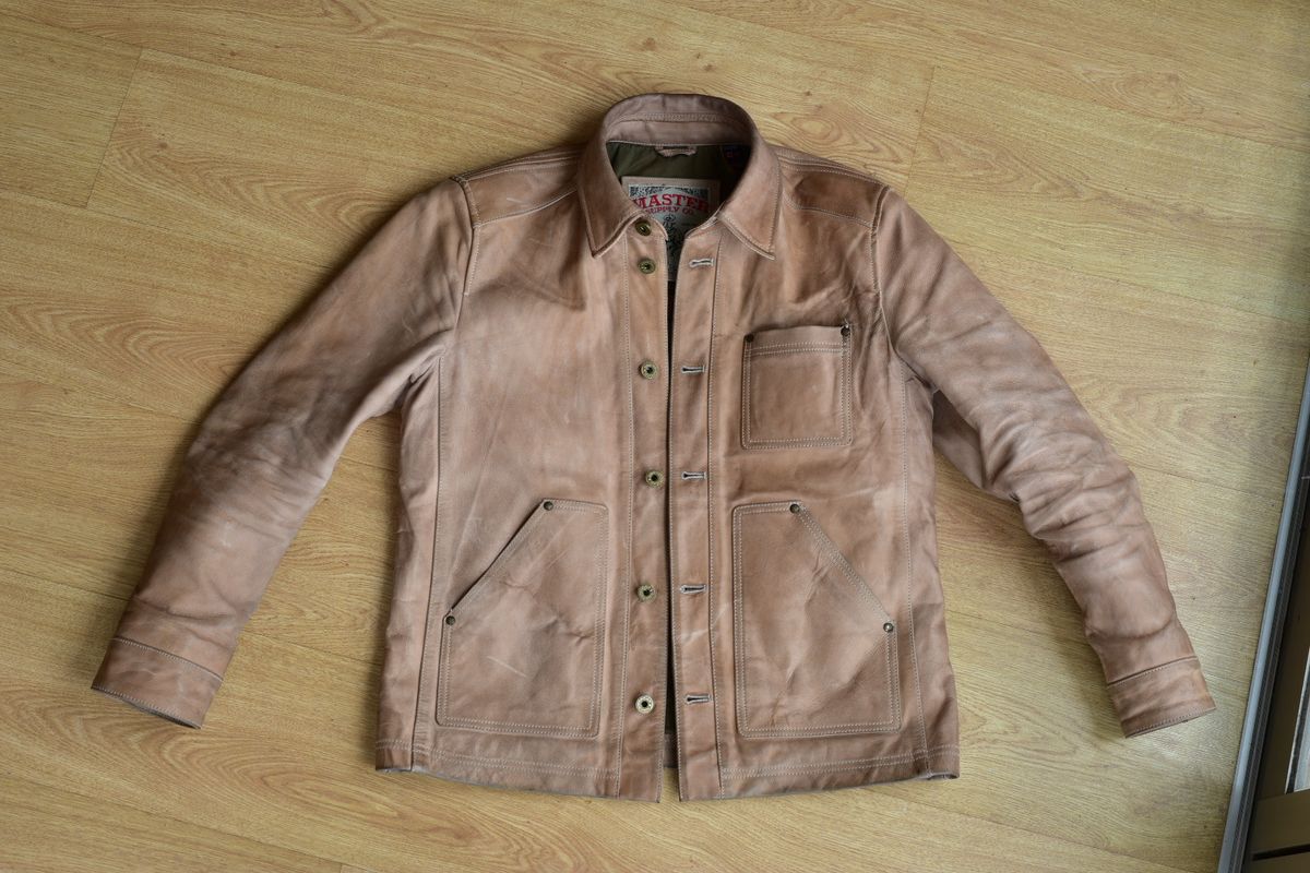 Photo by denimwatchesboots on November 1, 2025 of the Master Supply Co Field Jacket in Veg-Tanned Natural Cowhide.