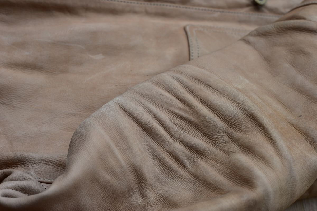 Photo by denimwatchesboots on November 1, 2025 of the Master Supply Co Field Jacket in Veg-Tanned Natural Cowhide.