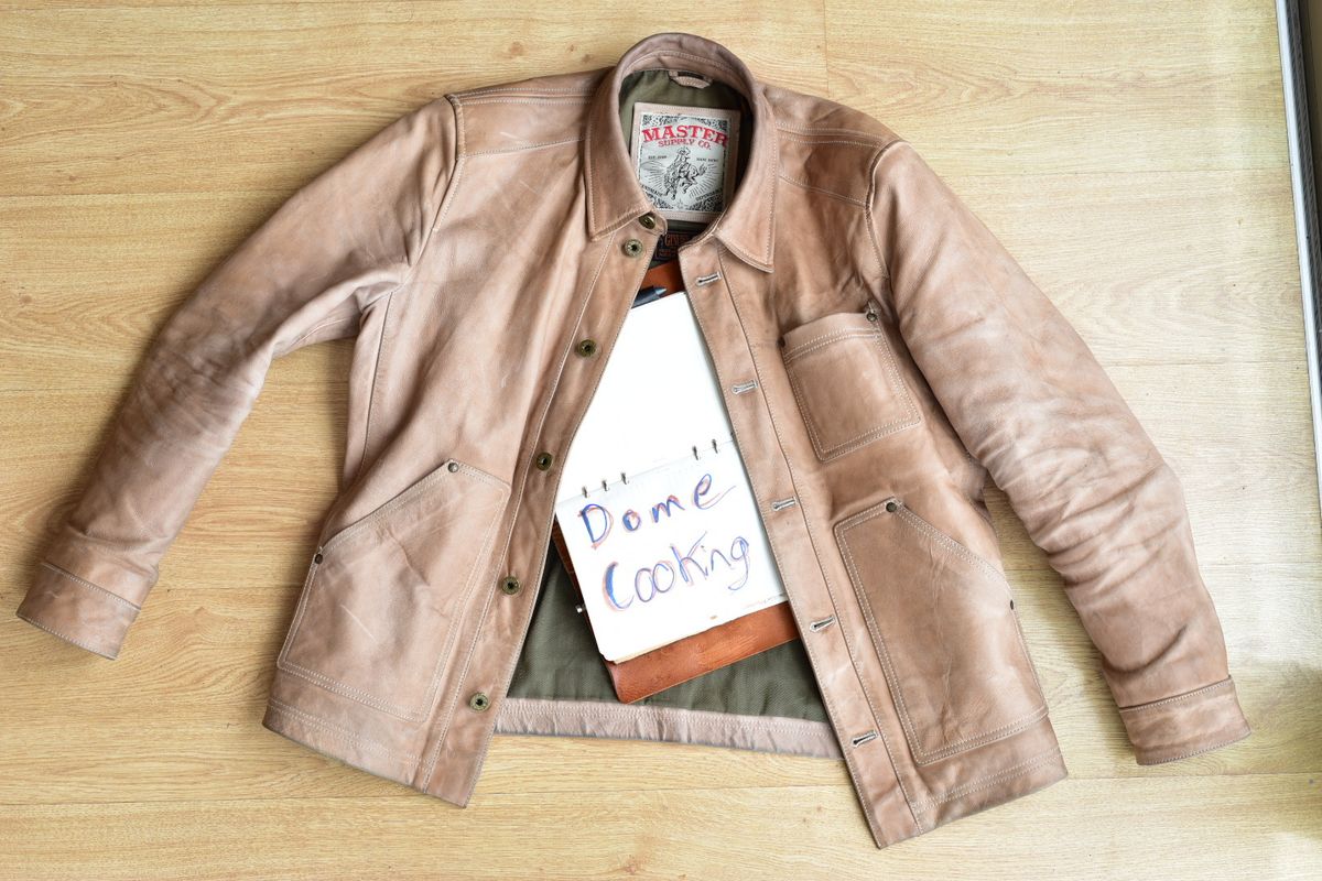 Photo by denimwatchesboots on November 1, 2025 of the Master Supply Co Field Jacket in Veg-Tanned Natural Cowhide.