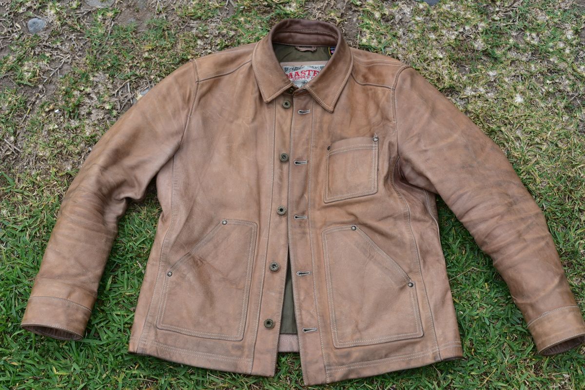 Photo by denimwatchesboots on December 2, 2025 of the Master Supply Co Field Jacket in Veg-Tanned Natural Cowhide.