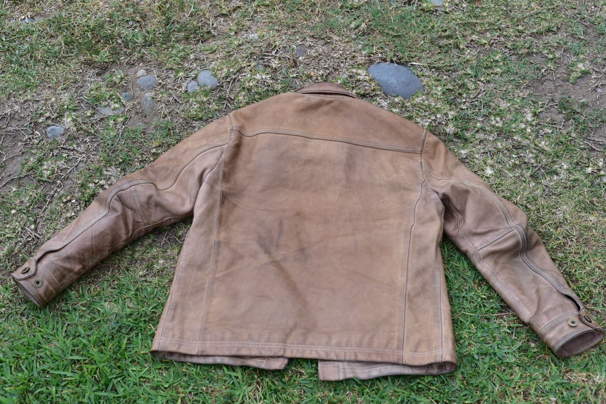Photo by denimwatchesboots on December 2, 2025 of the Master Supply Co Field Jacket in Veg-Tanned Natural Cowhide.