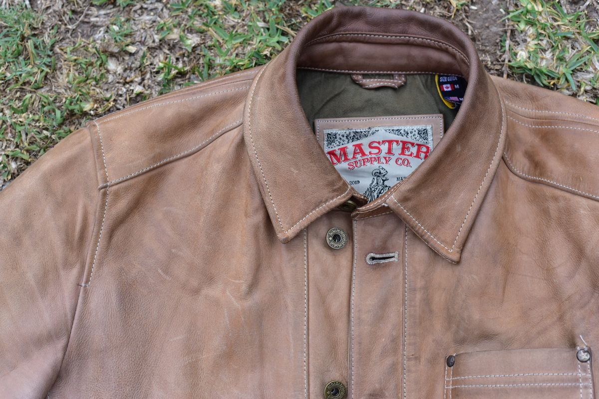 Photo by denimwatchesboots on December 2, 2025 of the Master Supply Co Field Jacket in Veg-Tanned Natural Cowhide.