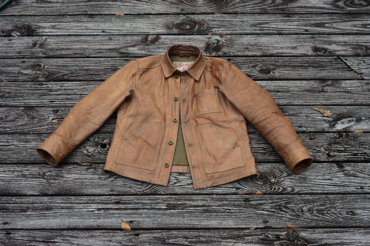 Photo by denimwatchesboots on January 2, 2026 of the Master Supply Co Field Jacket in Veg-Tanned Natural Cowhide.
