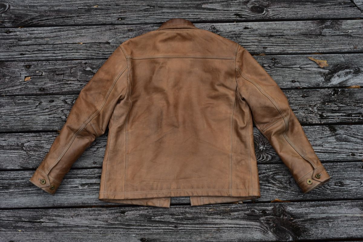 Photo by denimwatchesboots on January 2, 2026 of the Master Supply Co Field Jacket in Veg-Tanned Natural Cowhide.