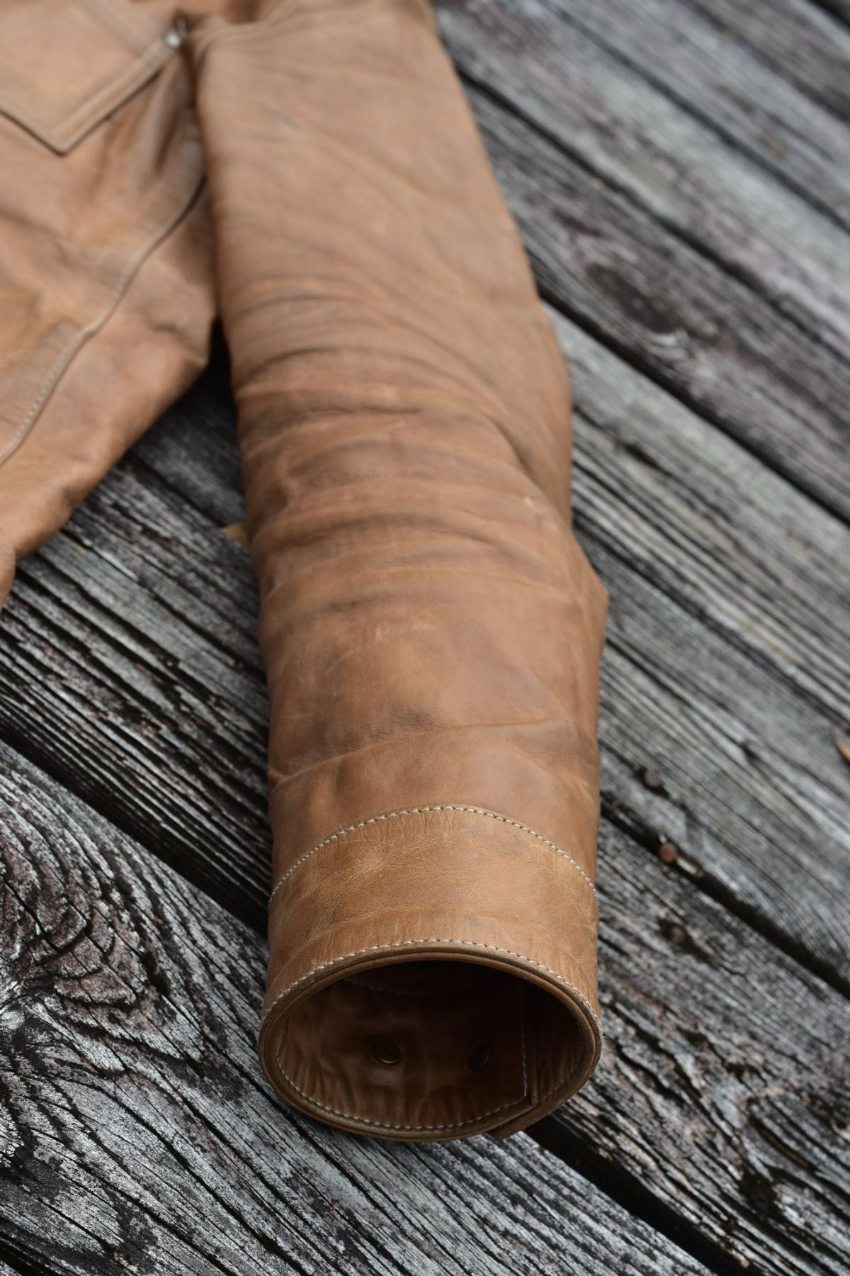 Photo by denimwatchesboots on January 2, 2026 of the Master Supply Co Field Jacket in Veg-Tanned Natural Cowhide.
