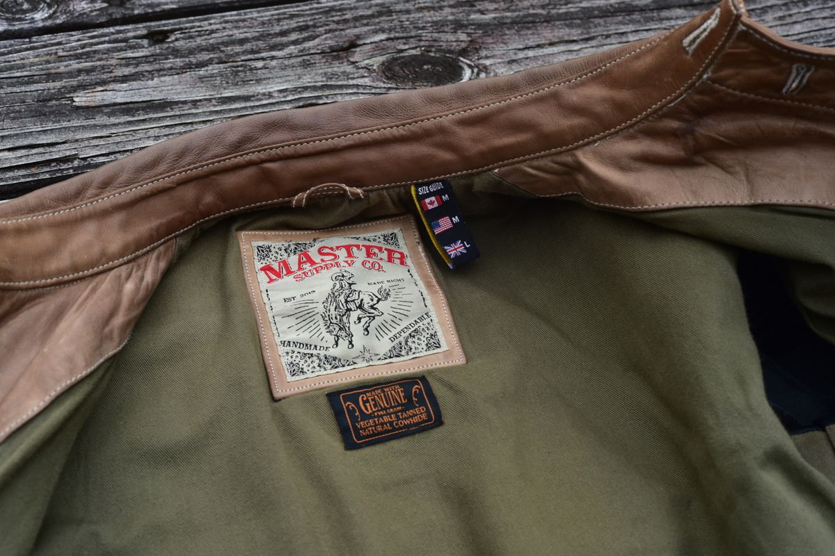 Photo by denimwatchesboots on January 2, 2026 of the Master Supply Co Field Jacket in Veg-Tanned Natural Cowhide.