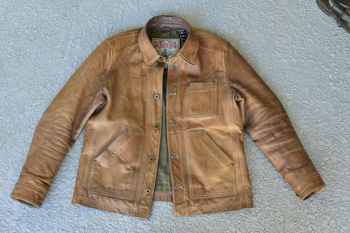Photo by denimwatchesboots on February 4, 2026 of the Master Supply Co Field Jacket in Veg-Tanned Natural Cowhide.