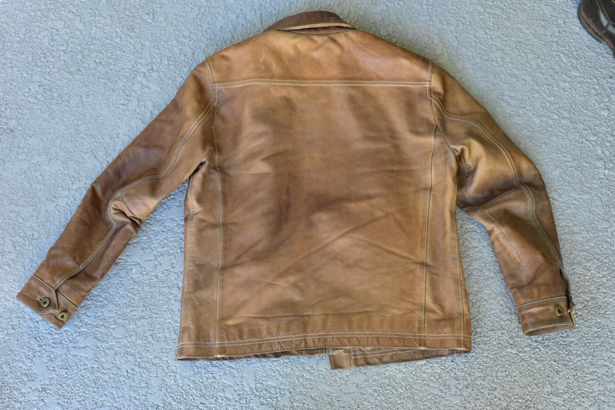 Photo by denimwatchesboots on February 4, 2026 of the Master Supply Co Field Jacket in Veg-Tanned Natural Cowhide.