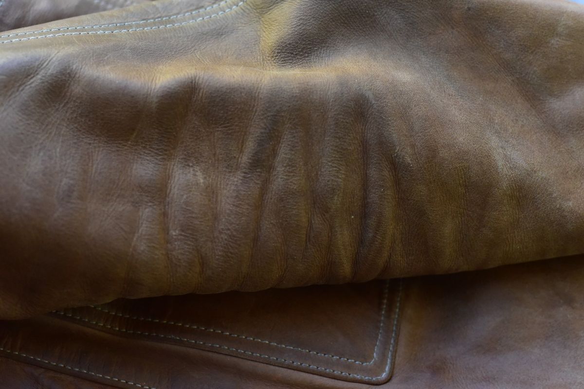 Photo by denimwatchesboots on February 4, 2026 of the Master Supply Co Field Jacket in Veg-Tanned Natural Cowhide.
