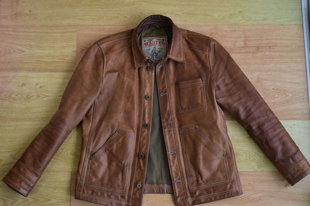 Photo by denimwatchesboots on March 5, 2026 of the Master Supply Co Field Jacket in Veg-Tanned Natural Cowhide.