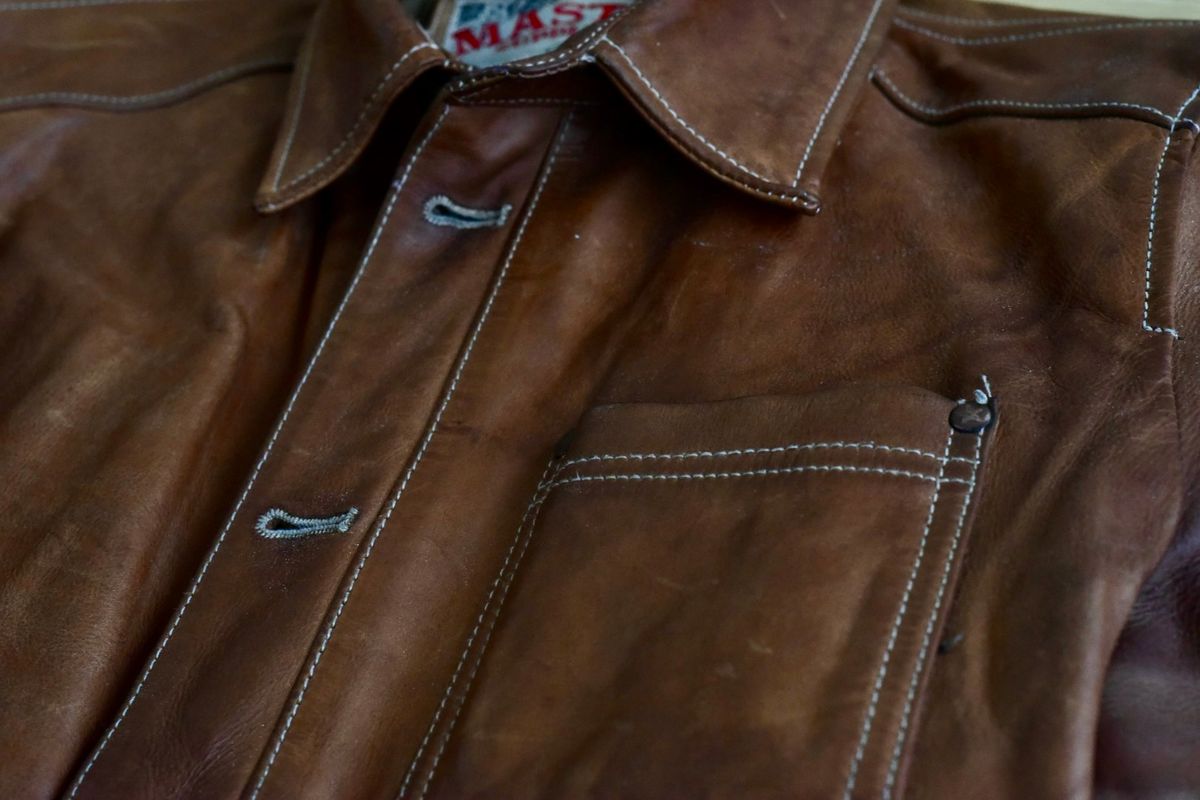 Photo by denimwatchesboots on March 5, 2026 of the Master Supply Co Field Jacket in Veg-Tanned Natural Cowhide.