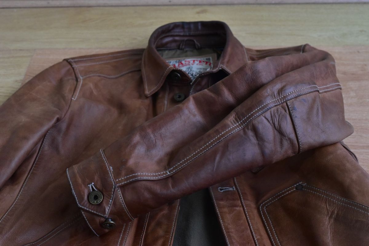 Photo by denimwatchesboots on March 5, 2026 of the Master Supply Co Field Jacket in Veg-Tanned Natural Cowhide.