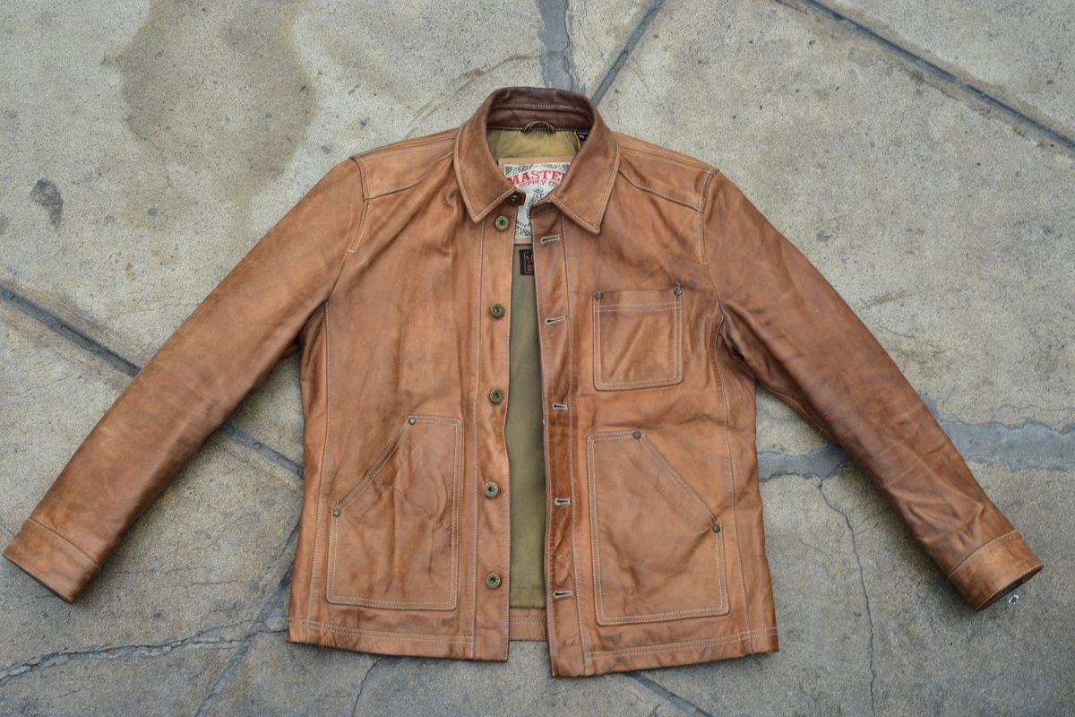 Photo by denimwatchesboots on April 5, 2026 of the Master Supply Co Field Jacket in Veg-Tanned Natural Cowhide.