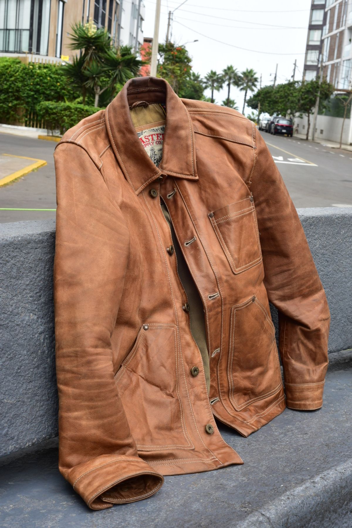 Photo by denimwatchesboots on April 5, 2026 of the Master Supply Co Field Jacket in Veg-Tanned Natural Cowhide.