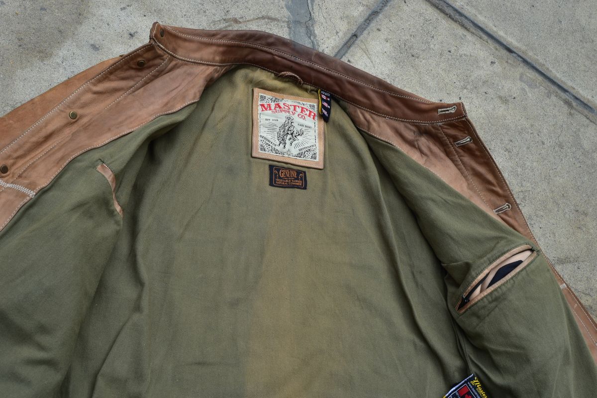 Photo by denimwatchesboots on April 5, 2026 of the Master Supply Co Field Jacket in Veg-Tanned Natural Cowhide.