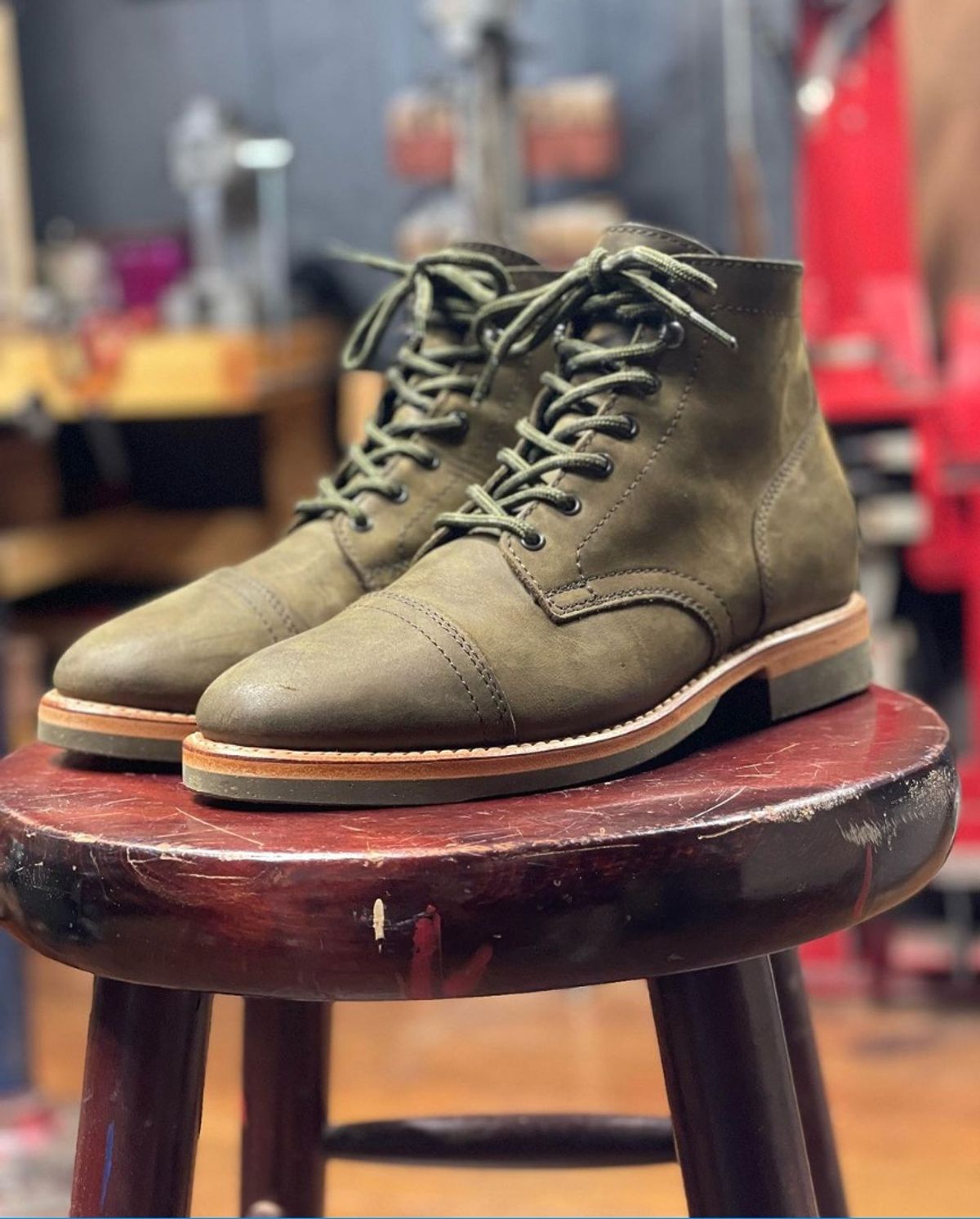 Photo by denimwatchesboots on January 5, 2024 of the Thursday Captain in Dark Olive WeatherSafe Suede.
