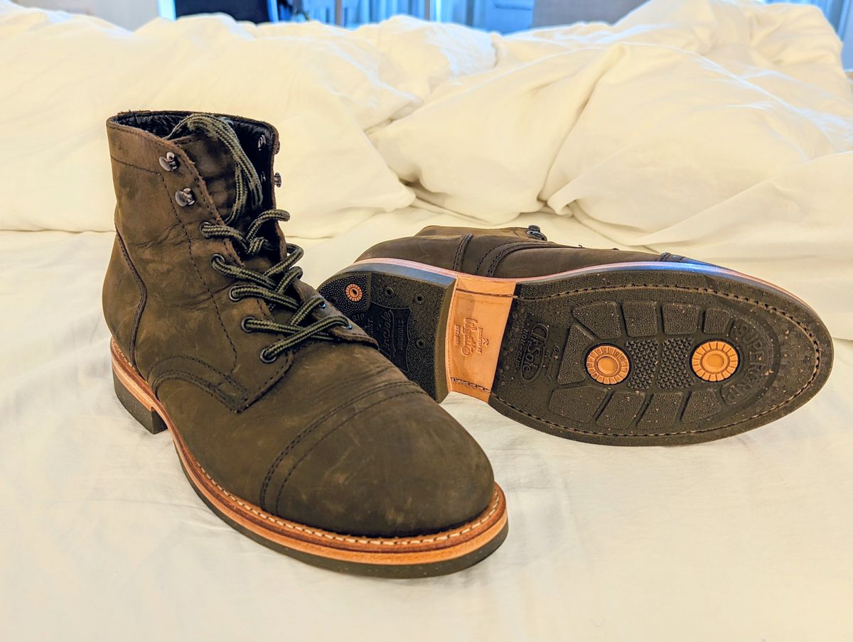 Photo by denimwatchesboots on January 3, 2024 of the Thursday Captain in Dark Olive WeatherSafe Suede.
