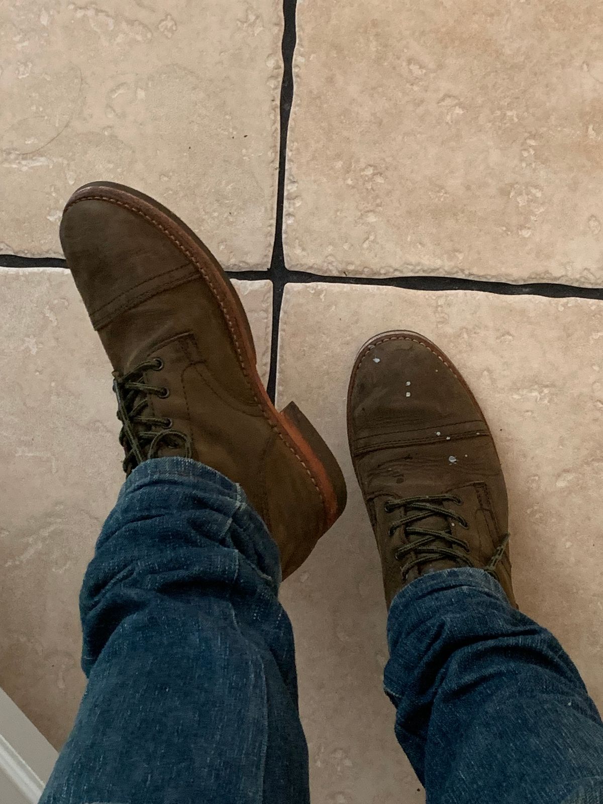 Photo by denimwatchesboots on August 3, 2024 of the Thursday Captain in Dark Olive WeatherSafe Suede.
