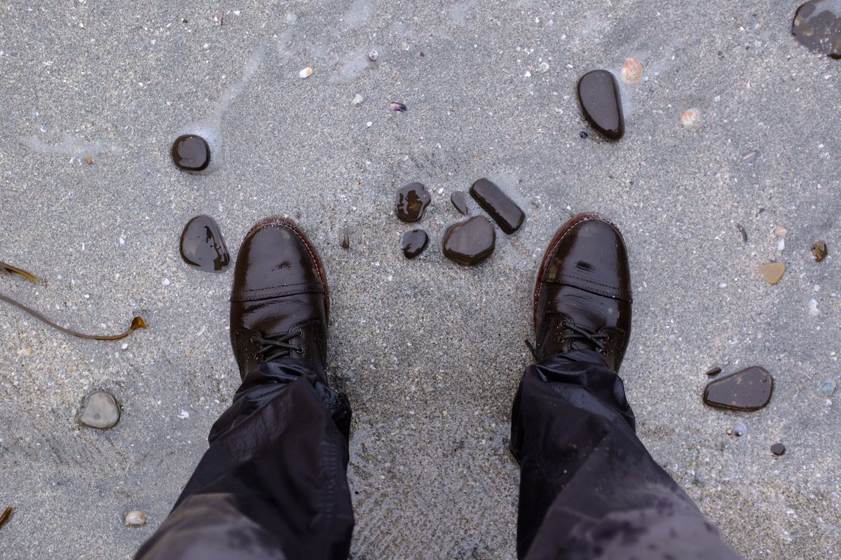 Photo by denimwatchesboots on August 22, 2025 of the Thursday Captain in Dark Olive WeatherSafe Suede.