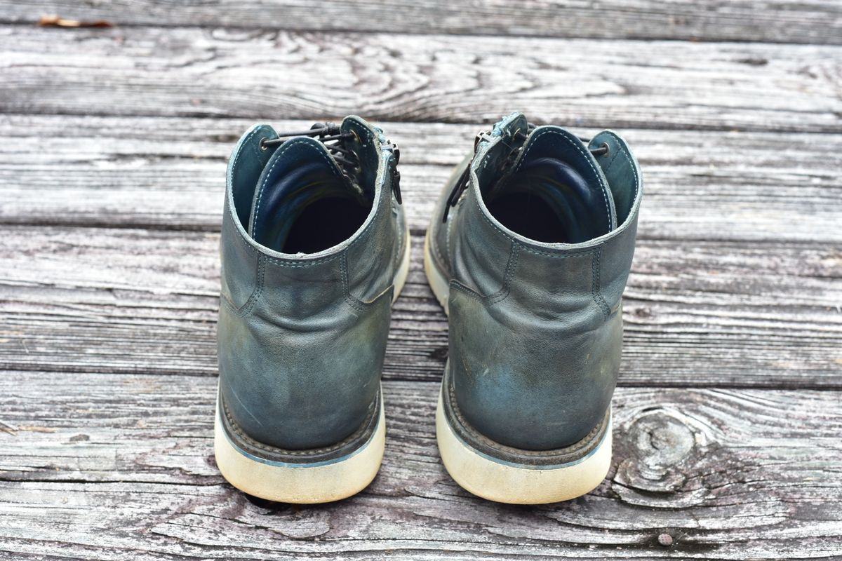Photo by denimwatchesboots on January 2, 2026 of the Viberg Side Zip in Indigo Dipped Kangaroo.