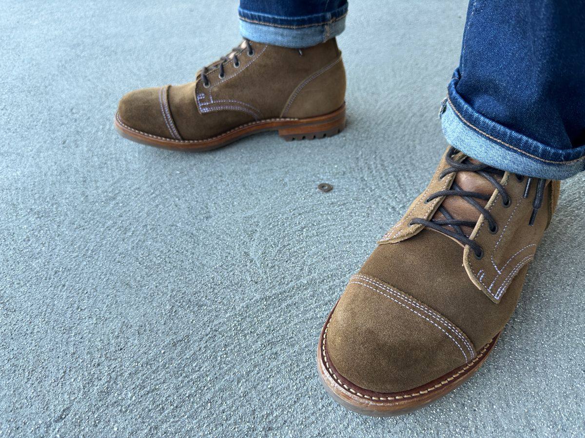 Photo by JB on May 8, 2024 of the Truman Cap Toe Boot in Dark Coyote Roughout.