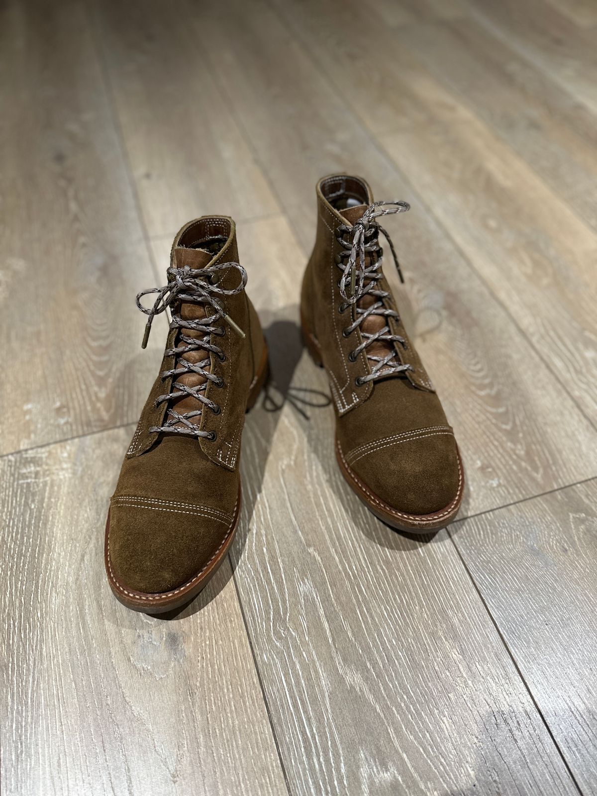 Photo by JB on June 6, 2024 of the Truman Cap Toe Boot in Dark Coyote Roughout.