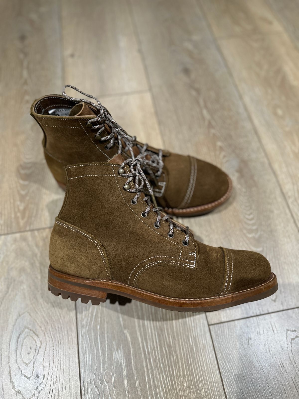 Photo by JB on June 6, 2024 of the Truman Cap Toe Boot in Dark Coyote Roughout.