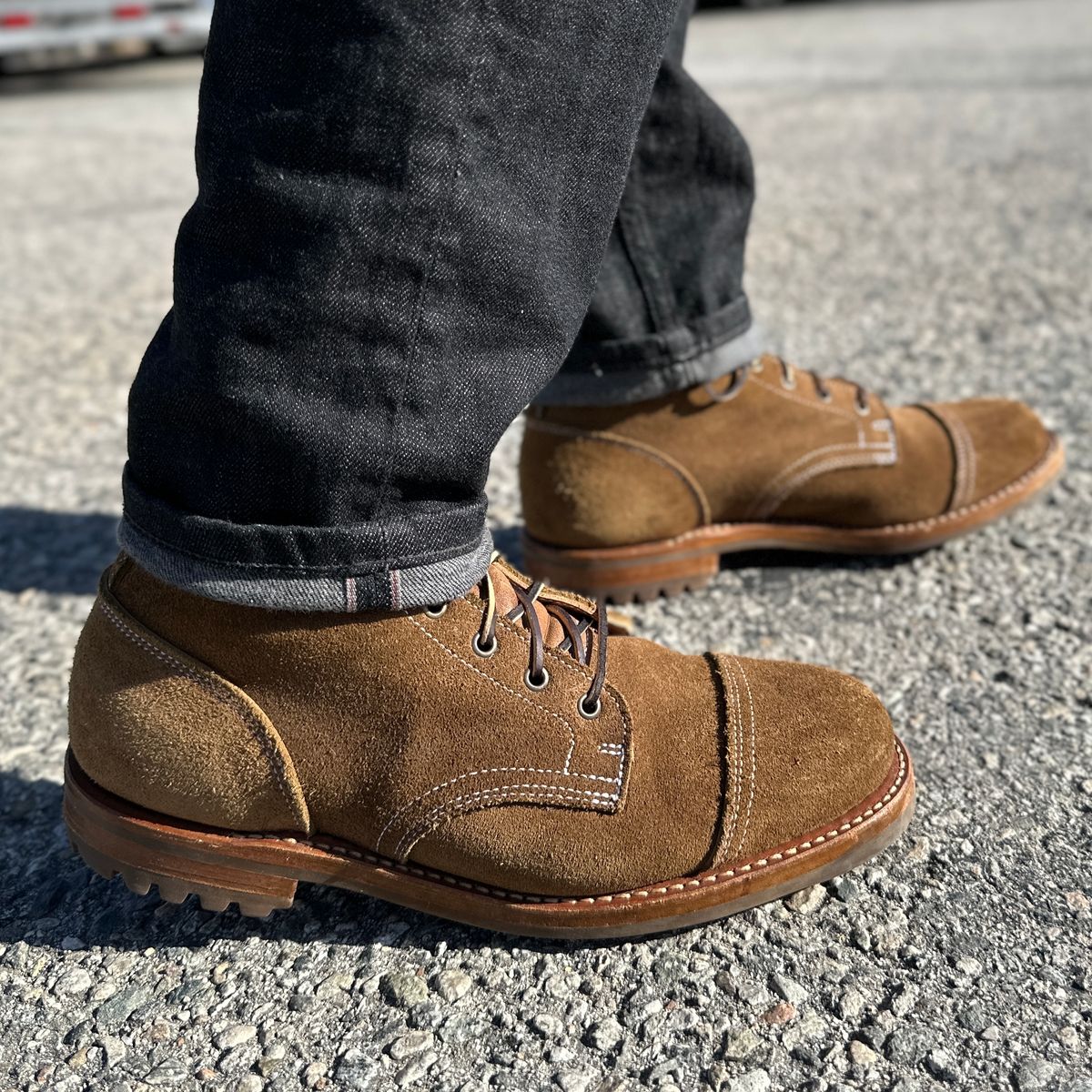 Photo by JB on March 13, 2025 of the Truman Cap Toe Boot in Dark Coyote Roughout.