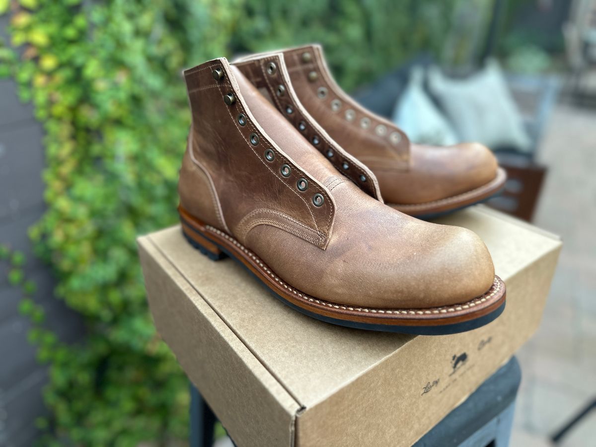 Photo by JB on July 1, 2024 of the Truman Plain Toe Boot in Horween Natural Cypress.