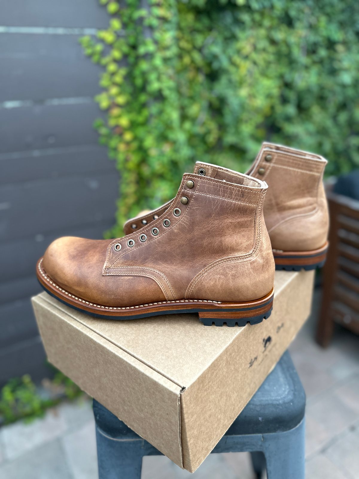 Photo by JB on July 1, 2024 of the Truman Plain Toe Boot in Horween Natural Cypress.