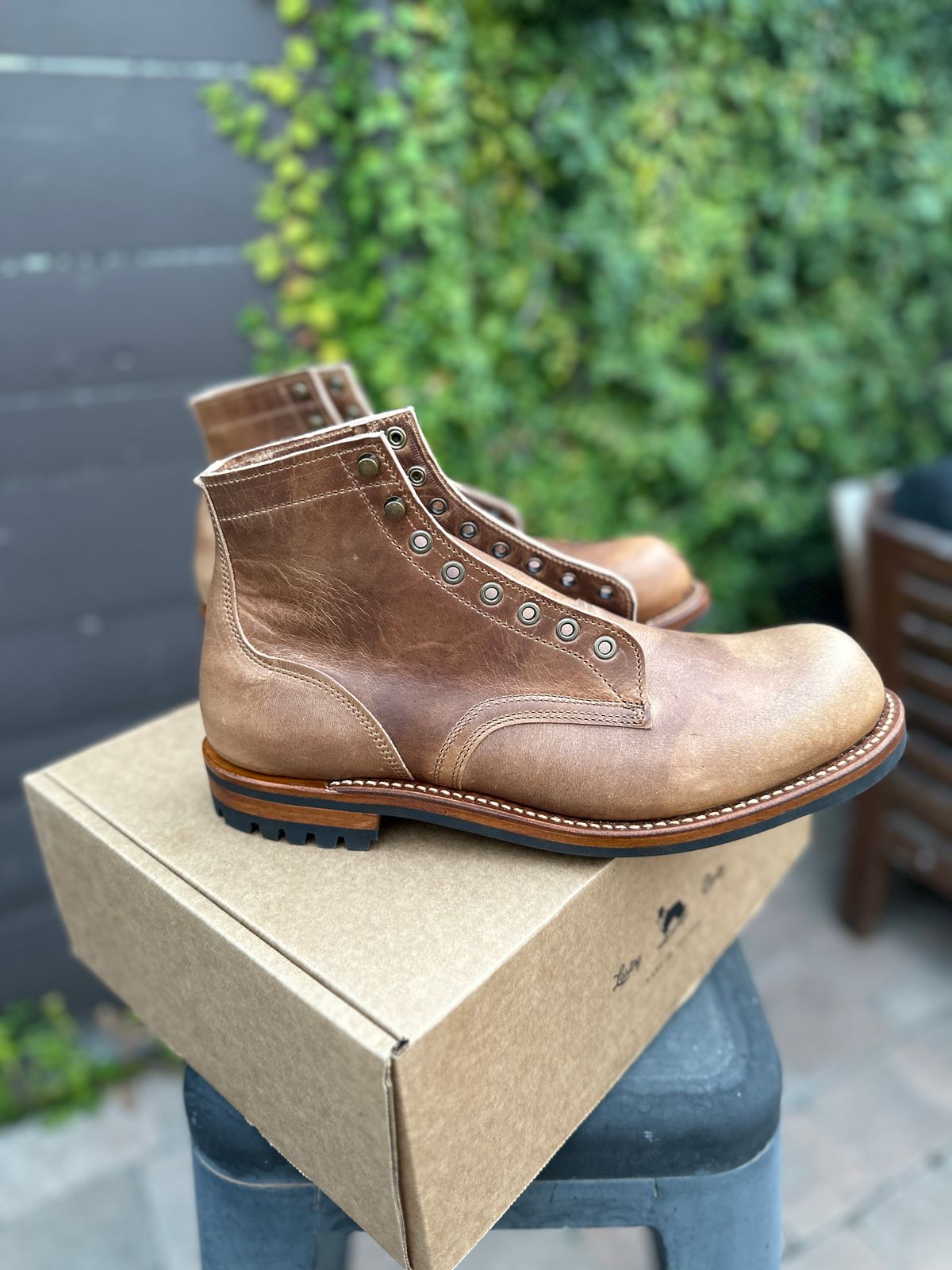 Photo by JB on July 1, 2024 of the Truman Plain Toe Boot in Horween Natural Cypress.