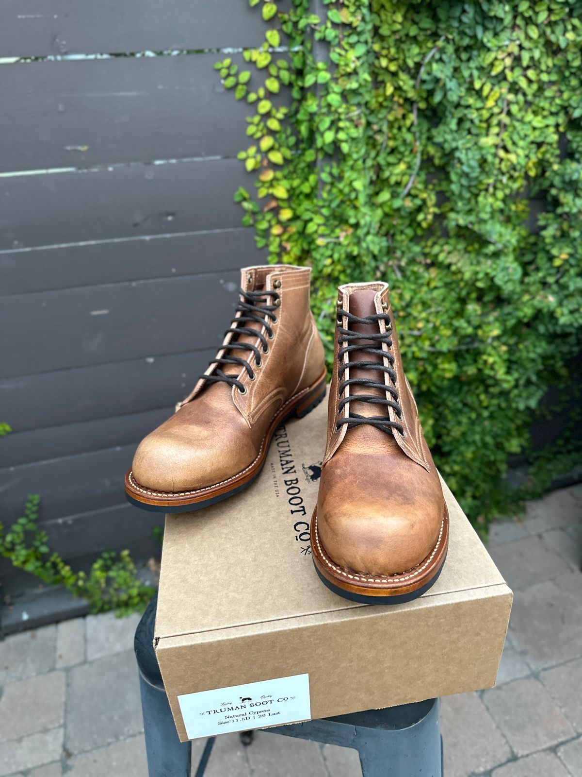 Photo by JB on July 1, 2024 of the Truman Plain Toe Boot in Horween Natural Cypress.