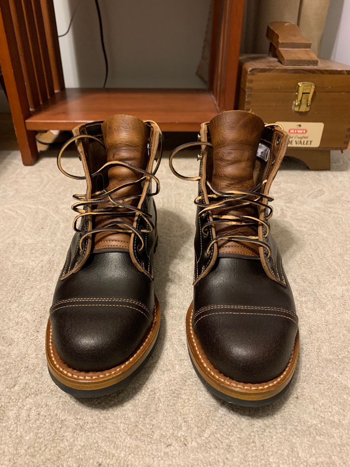 Photo by knottedlaces on October 14, 2024 of the Truman Cap Toe Boot in Horween Java Waxed Flesh.