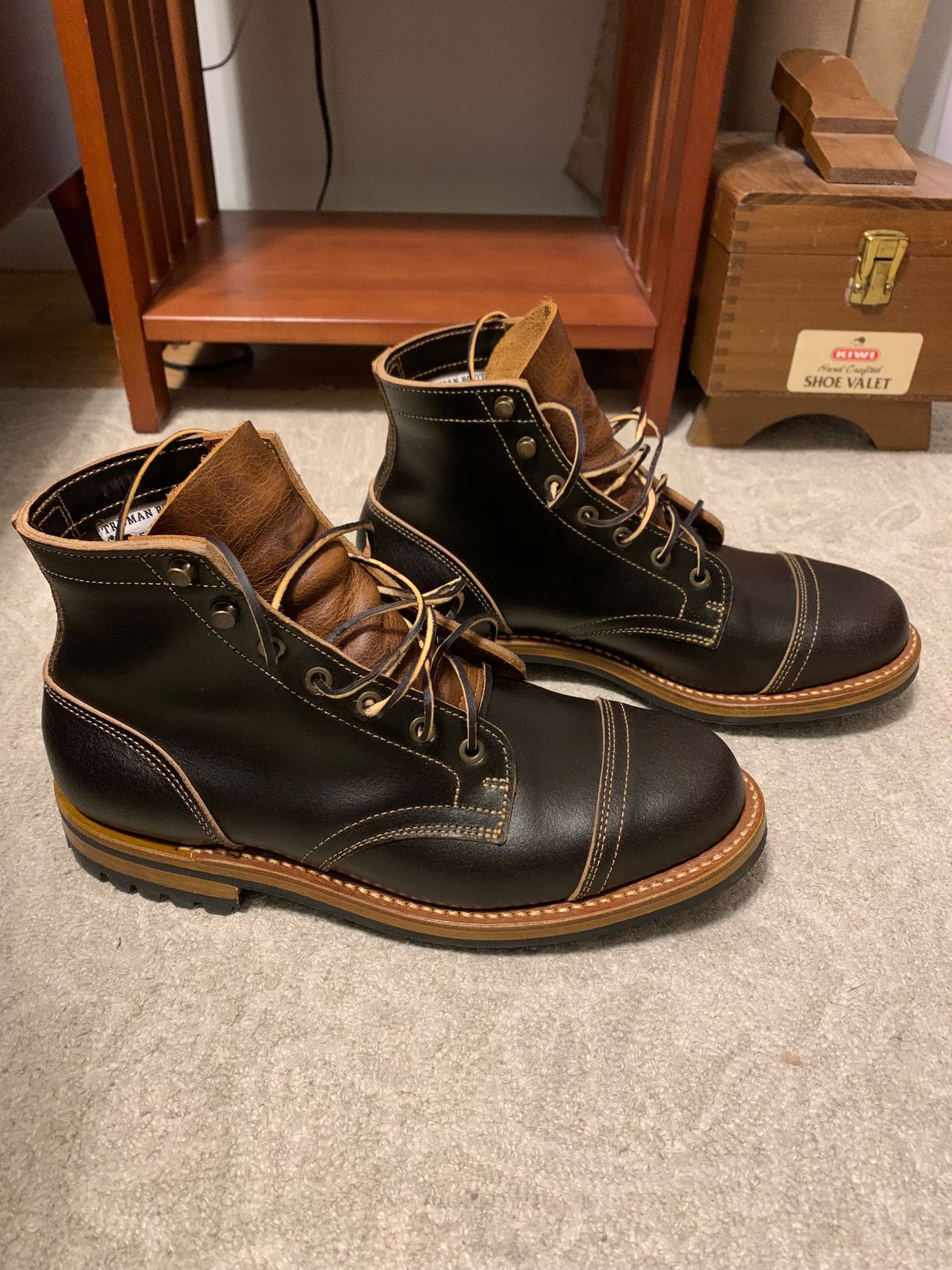 Photo by knottedlaces on October 14, 2024 of the Truman Cap Toe Boot in Horween Java Waxed Flesh.