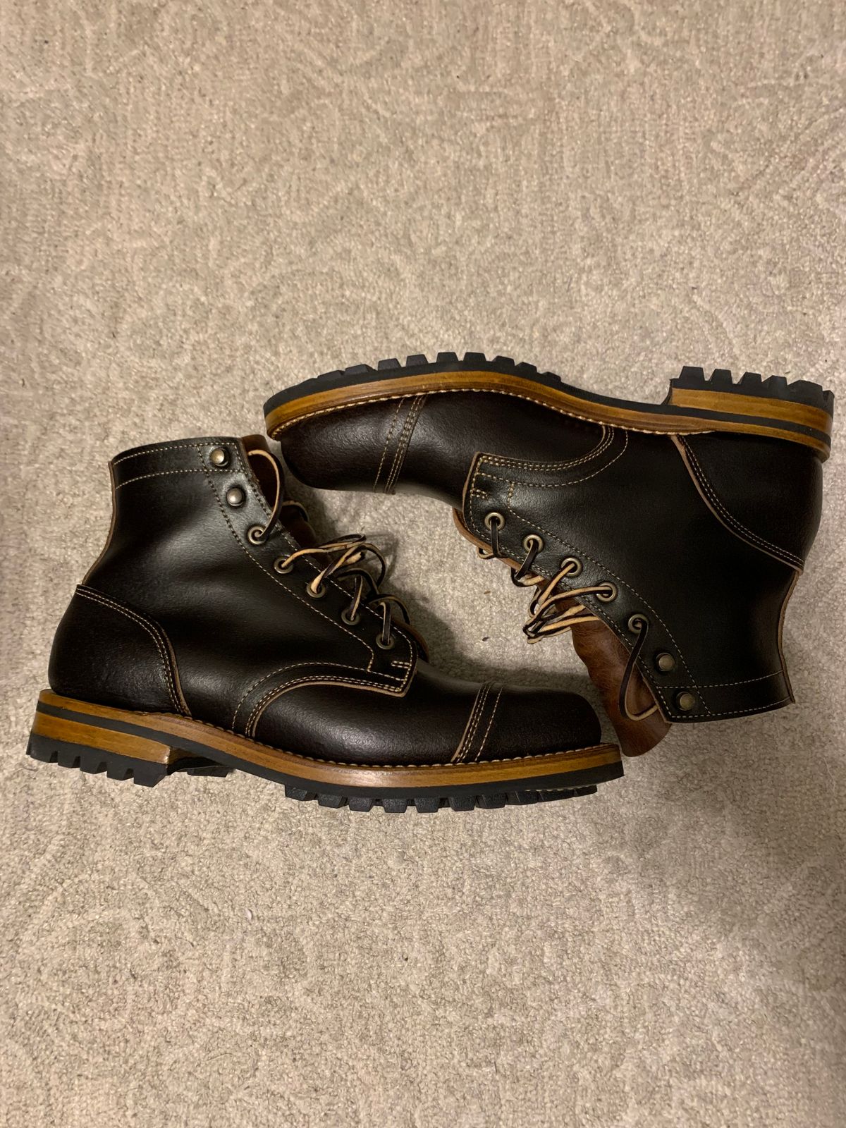 Photo by knottedlaces on October 14, 2024 of the Truman Cap Toe Boot in Horween Java Waxed Flesh.