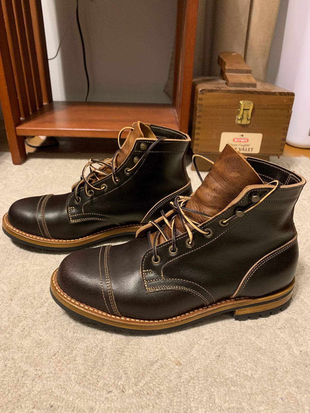 Photo by knottedlaces on October 14, 2024 of the Truman Cap Toe Boot in Horween Java Waxed Flesh.