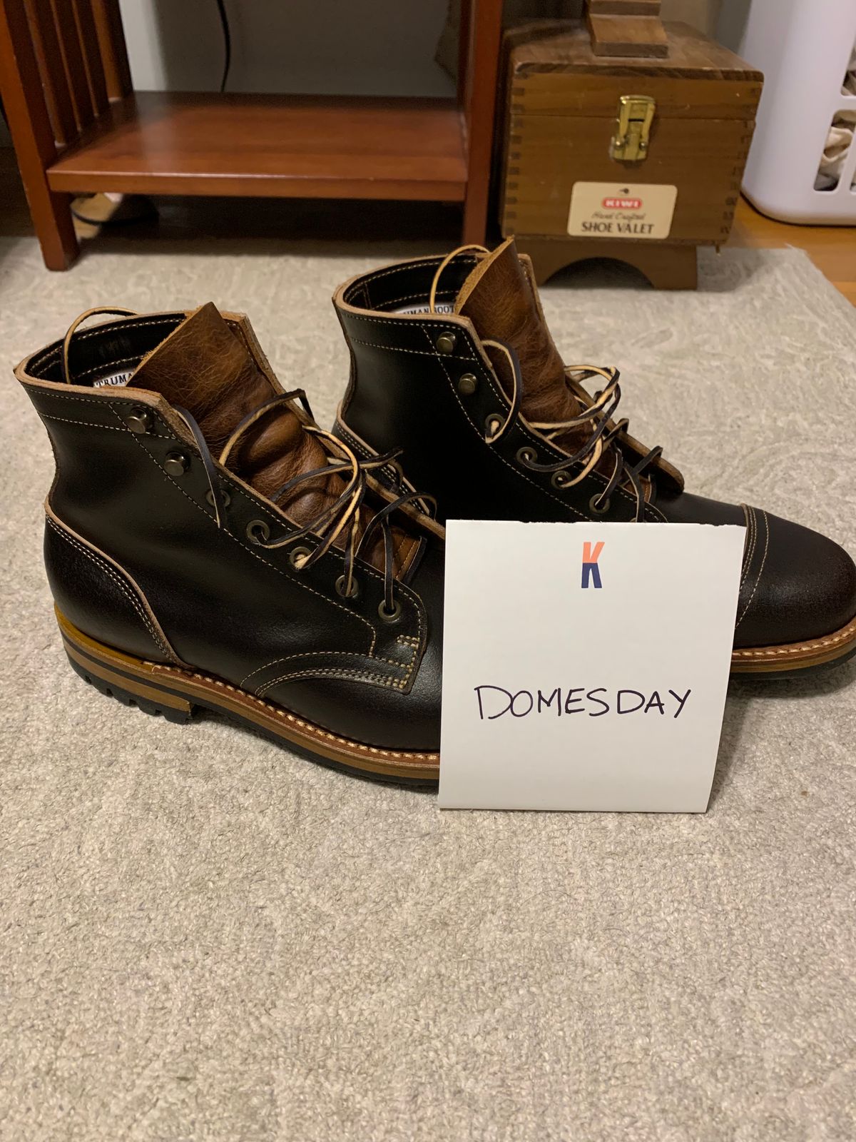 Photo by knottedlaces on October 14, 2024 of the Truman Cap Toe Boot in Horween Java Waxed Flesh.