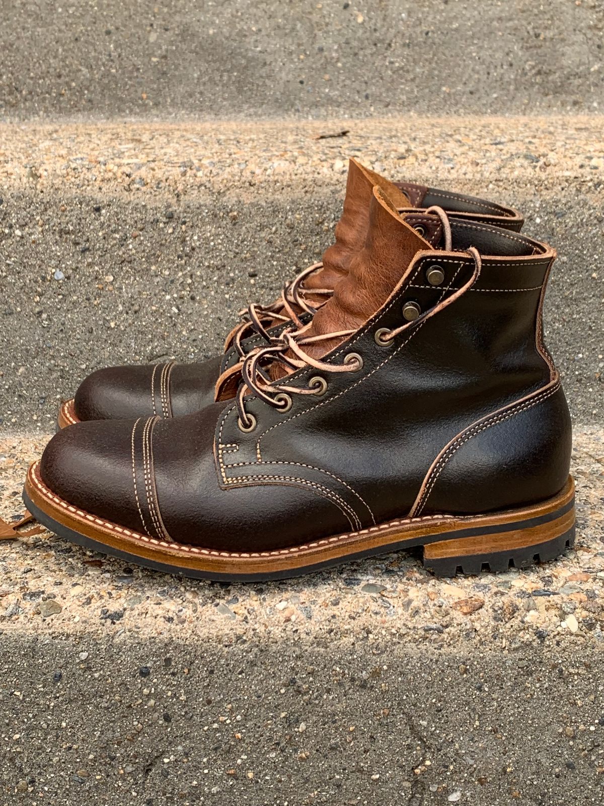 Photo by knottedlaces on November 2, 2024 of the Truman Cap Toe Boot in Horween Java Waxed Flesh.