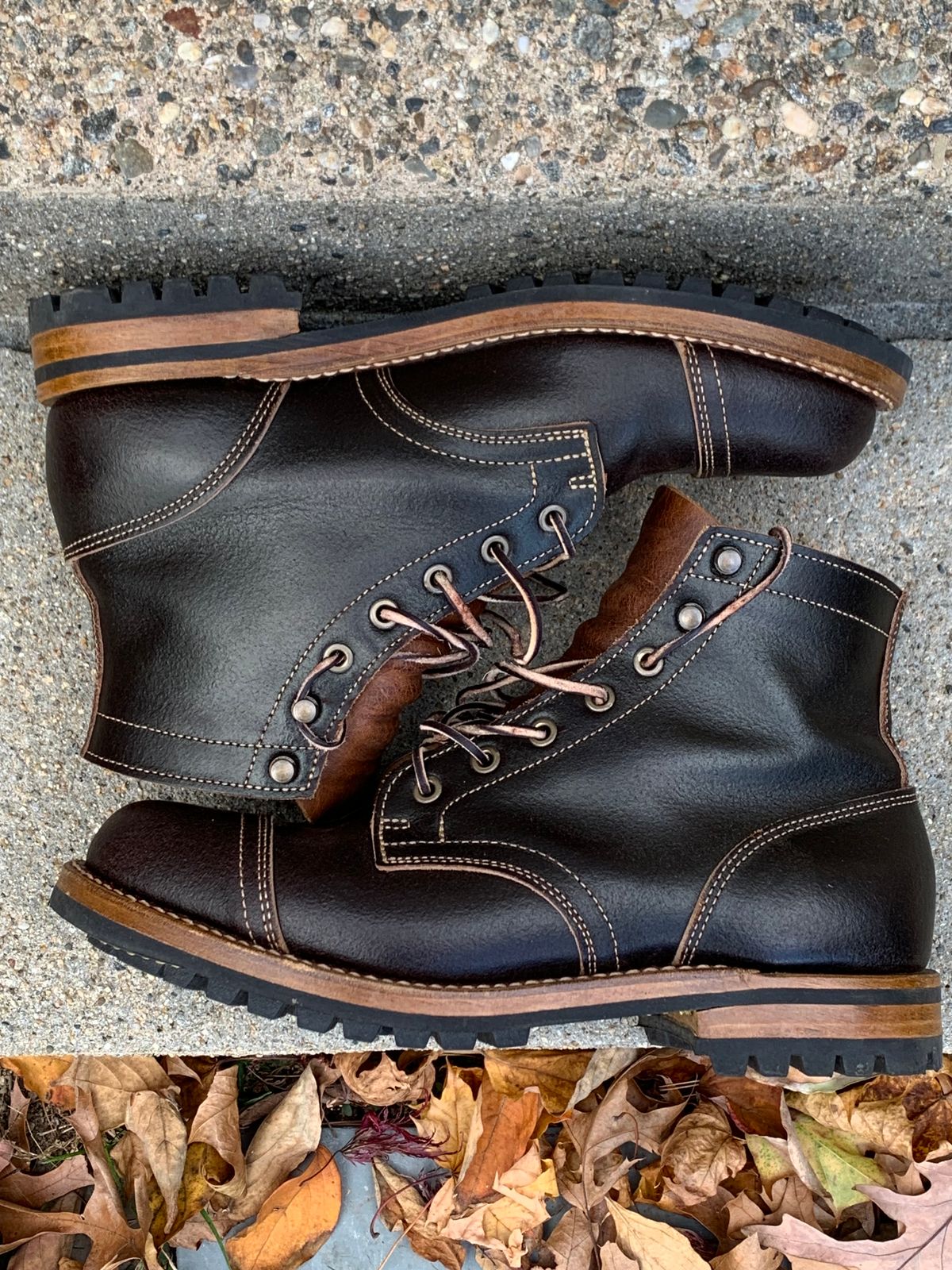 Photo by knottedlaces on November 2, 2024 of the Truman Cap Toe Boot in Horween Java Waxed Flesh.
