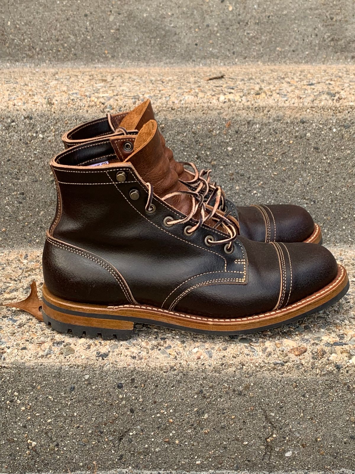 Photo by knottedlaces on November 2, 2024 of the Truman Cap Toe Boot in Horween Java Waxed Flesh.