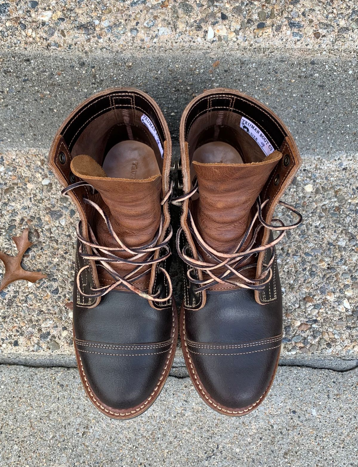 Photo by knottedlaces on November 2, 2024 of the Truman Cap Toe Boot in Horween Java Waxed Flesh.