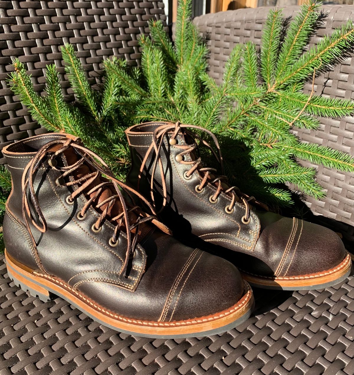 Photo by knottedlaces on December 3, 2024 of the Truman Cap Toe Boot in Horween Java Waxed Flesh.