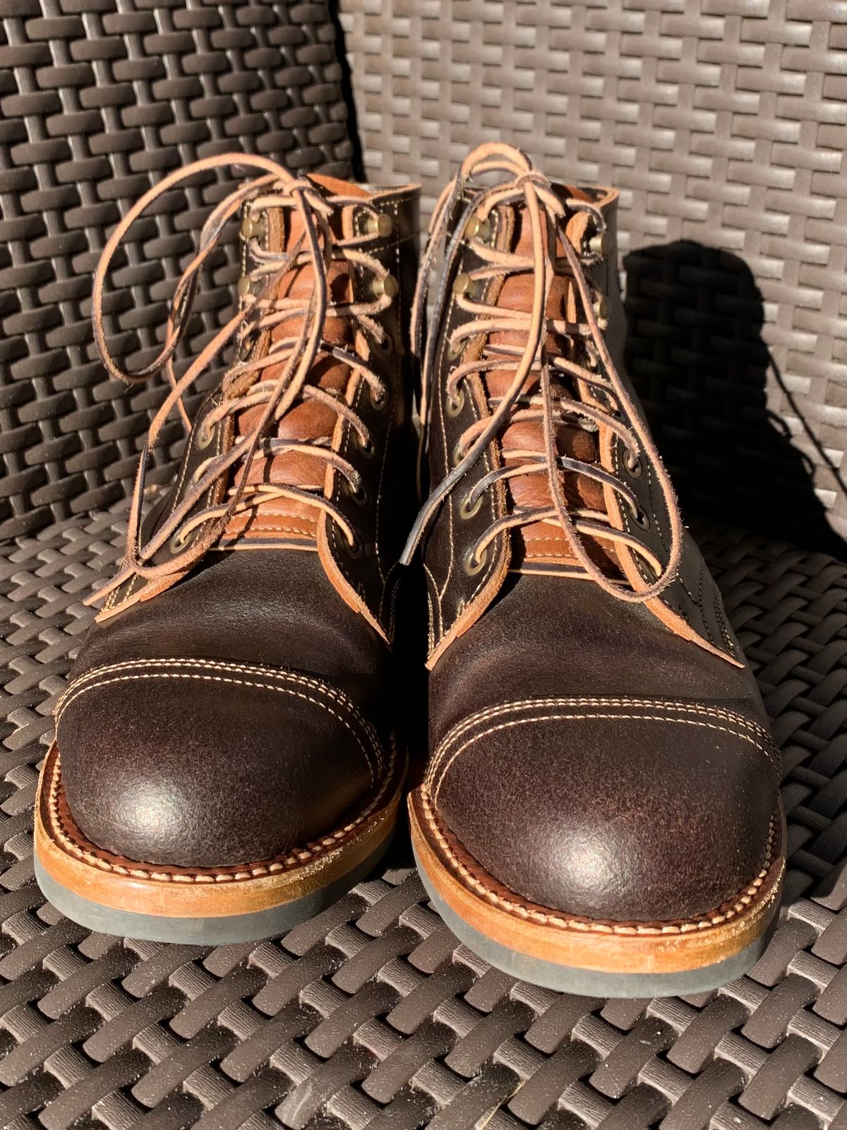 Photo by knottedlaces on December 3, 2024 of the Truman Cap Toe Boot in Horween Java Waxed Flesh.