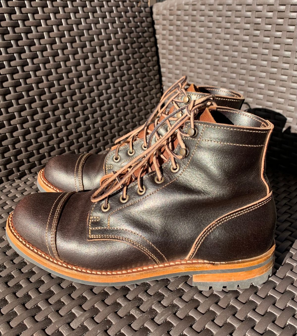Photo by knottedlaces on December 3, 2024 of the Truman Cap Toe Boot in Horween Java Waxed Flesh.