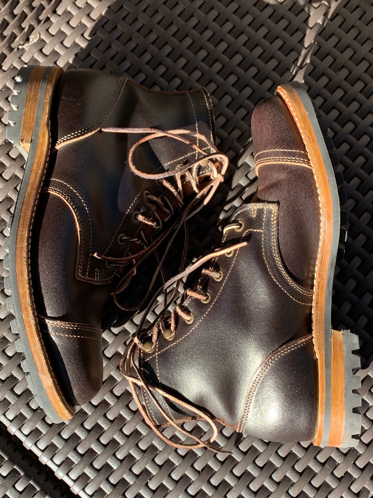 Photo by knottedlaces on December 3, 2024 of the Truman Cap Toe Boot in Horween Java Waxed Flesh.